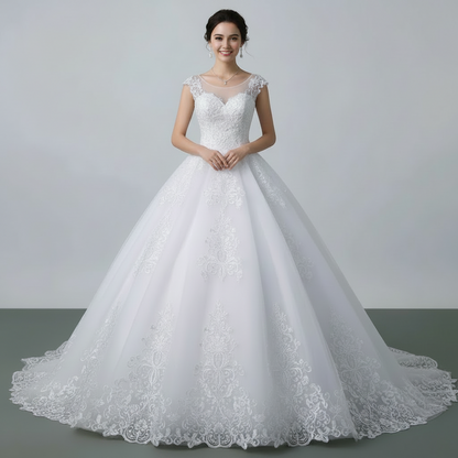 Christian bridal gown with floral lace appliqué and soft tulle ball gown skirt