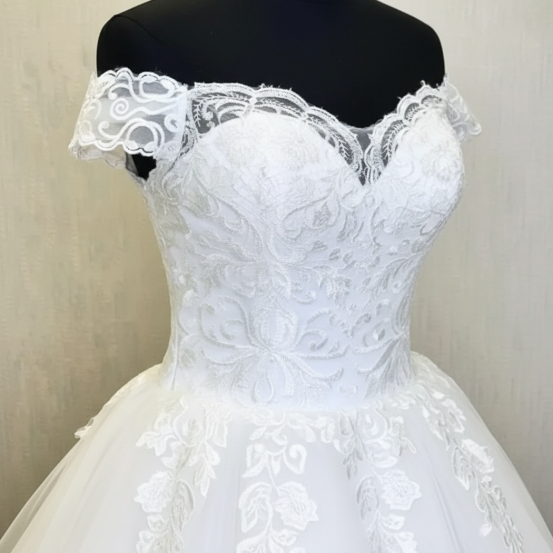 Sleeve detail close-up on White Princess with Off Shoulder — GownLink GLQD09
