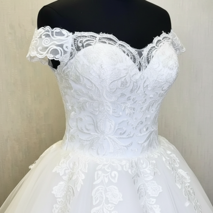Sleeve detail close-up on White Princess with Off Shoulder — GownLink GLQD09