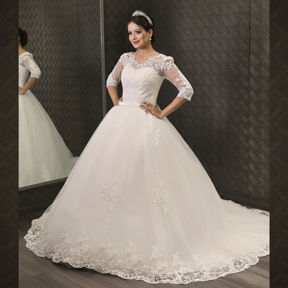 Classic bridal train gown GLHS14T for Christian & Catholic brides across Kerala, Goa, Mangalore, Tamil Nadu & North-East India, plus NRI brides in USA, UK & Gulf