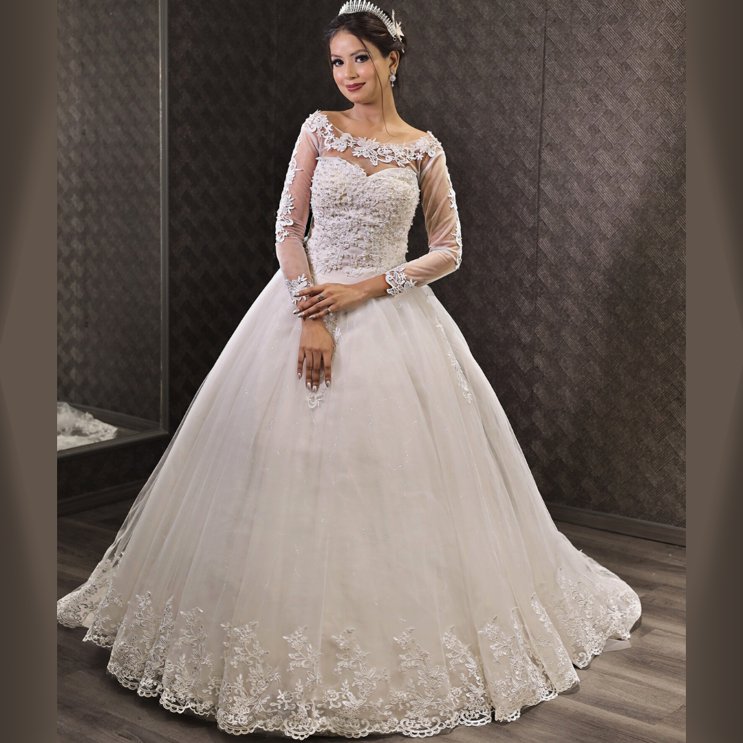 Front view of White Ball Gown on model against studio backdrop — GownLink GLGF042B