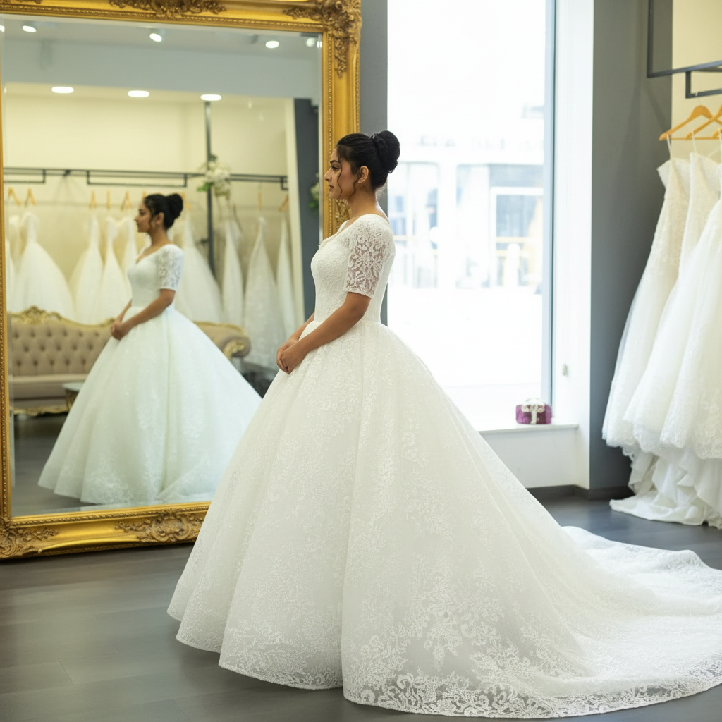 Full-length view of White Bridal Gown Sparkle with Train with train spread on floor — GownLink GLGT166T