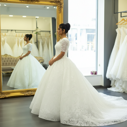 Full-length view of White Bridal Gown Sparkle with Train with train spread on floor — GownLink GLGT166T