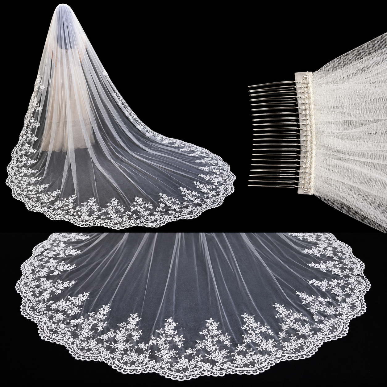 Model wearing Long Bridal Veil with bridal gown — GownLink GLVHS14