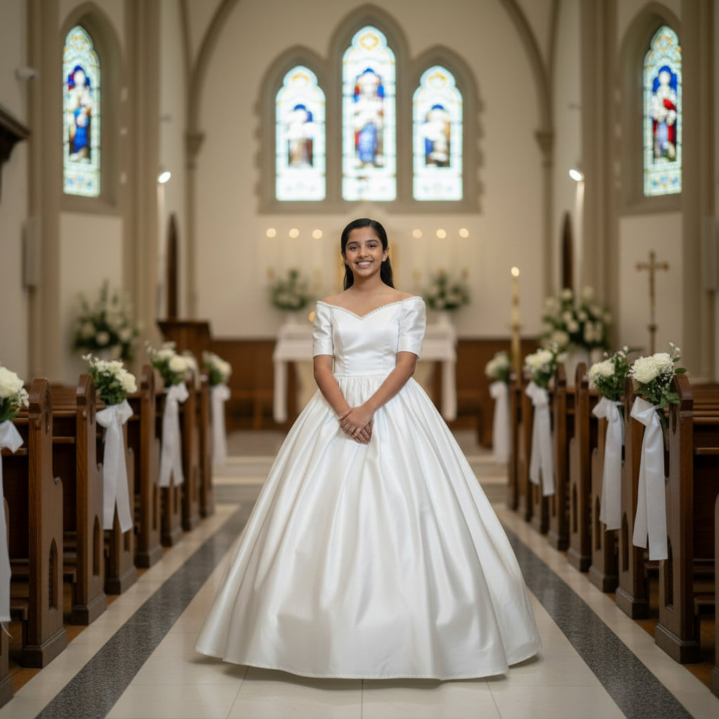 Back view of Lace First Communion Dress showing train and bow — GownLink GLHLC6