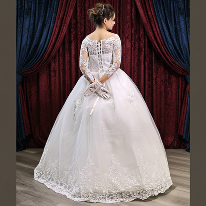 Lace embroidered Christian wedding ball gown with luxurious detailing and a dramatic full skirt