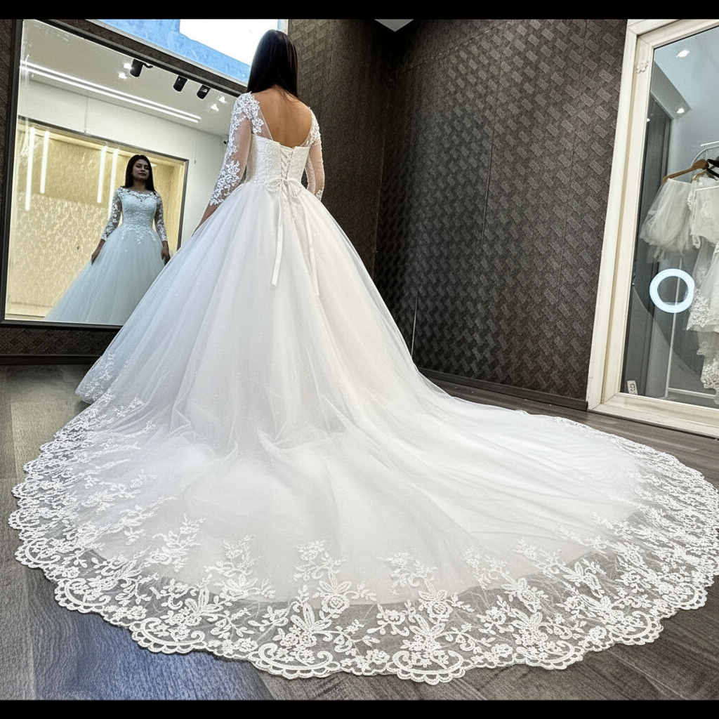 White Christian bridal gown featuring long lace sleeves, floral embroidery, and a cathedral train