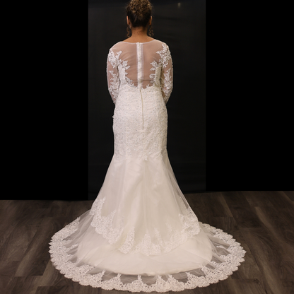 Elegant lace mermaid wedding dress featuring a fitted silhouette and chapel-length lace train