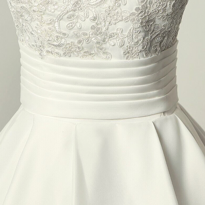 Three-quarter view of White Bridal Gown Satin with on model — GownLink GLHSD691