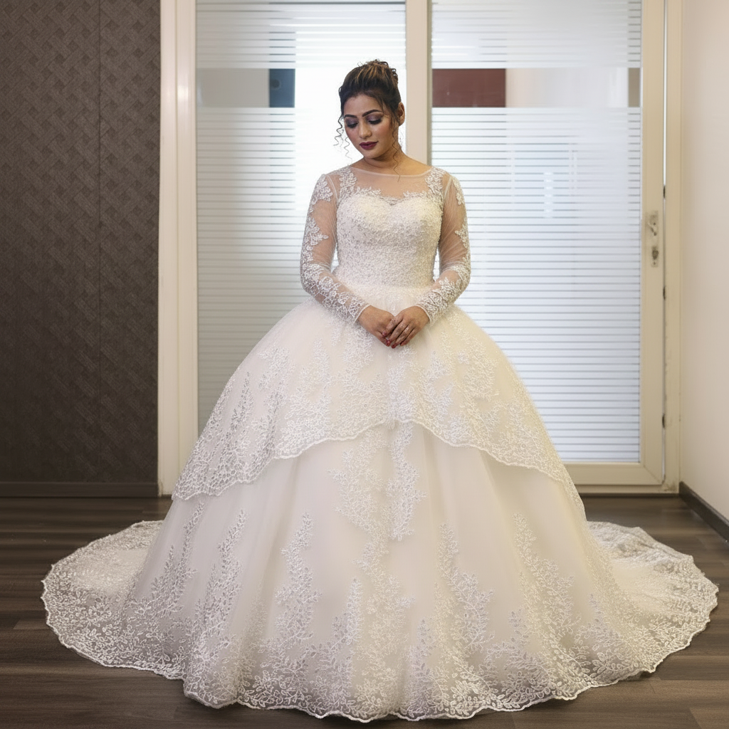 Luxury wedding gown long train GLGT179TT for Christian & Catholic brides across Kerala, Goa, Mangalore, Tamil Nadu & North-East India, plus NRI brides in USA, UK & Gulf