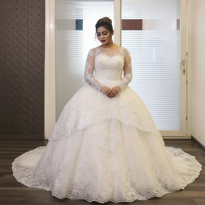 Luxury wedding gown long train GLGT179TT for Christian & Catholic brides across Kerala, Goa, Mangalore, Tamil Nadu & North-East India, plus NRI brides in USA, UK & Gulf