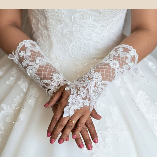 Front view of Long Bridal Gloves on hands — GownLink G111