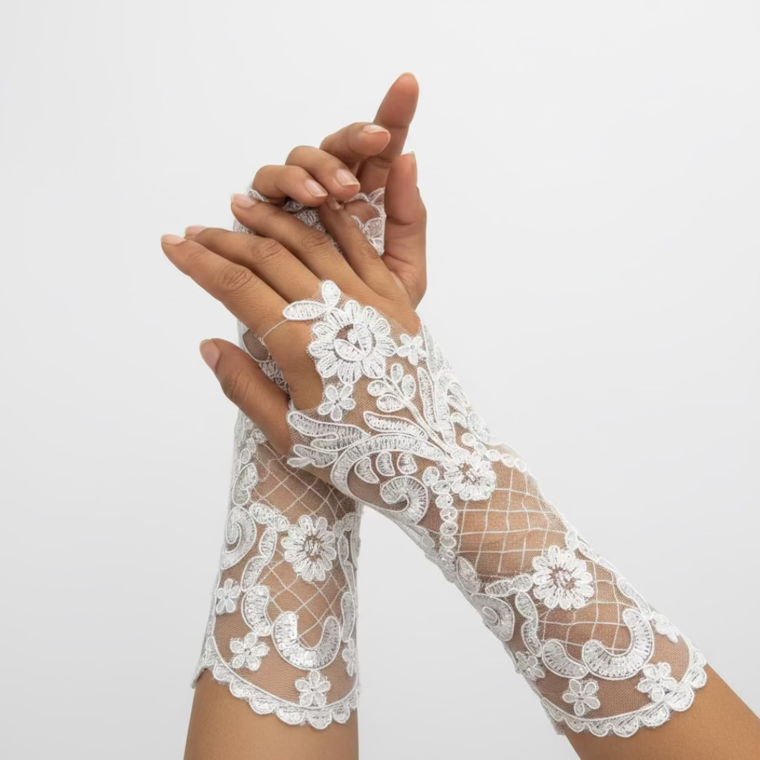 Side view of Long Bridal Gloves showing fit and length — GownLink G111