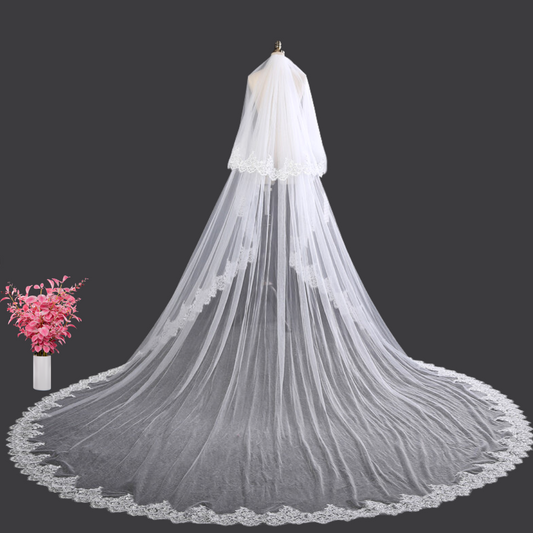 Back view of Long Bridal Veil showing full length and drape — GownLink GLVHL02