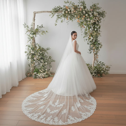 Back view of Long Bridal Veil showing full length and drape — GownLink GLVL21