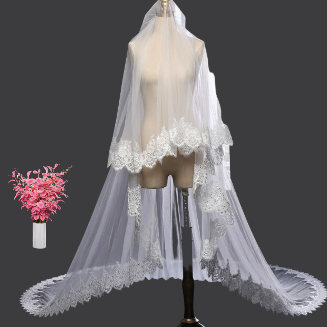 Model wearing Long Bridal Veil with bridal gown — GownLink GLVHL02