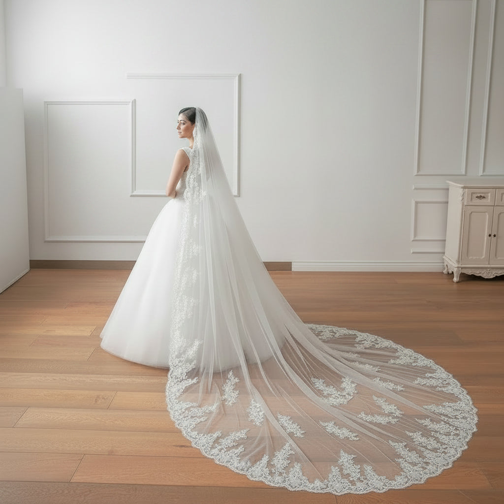 Side view of Long Bridal Veil with comb attachment visible — GownLink GLVL21