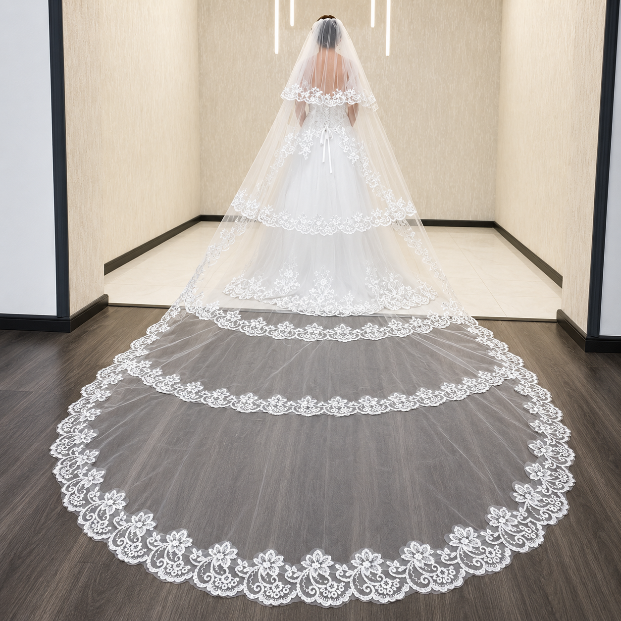 Front view of Bridal Veil draped over model — GownLink GLV093L