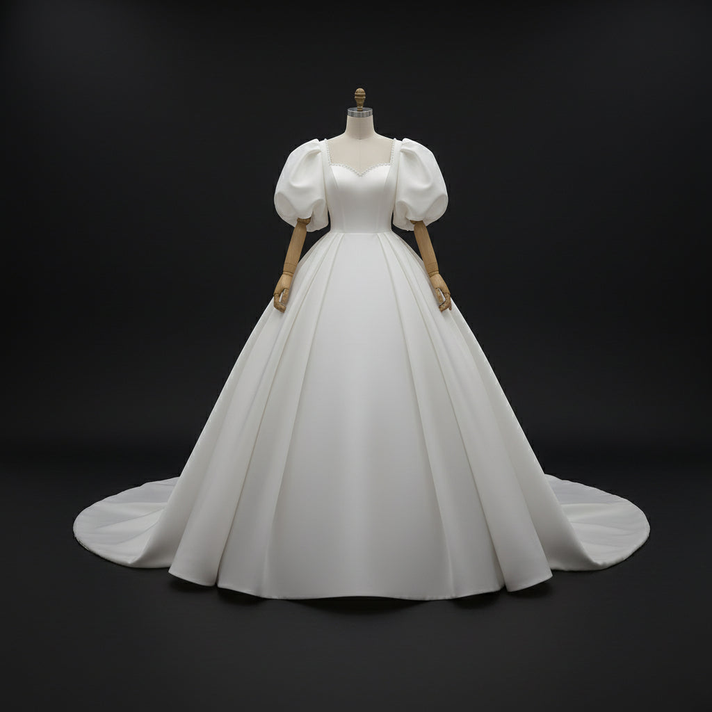 Side profile view of White Ball Gown Satin showing silhouette — GownLink GLHMSB3