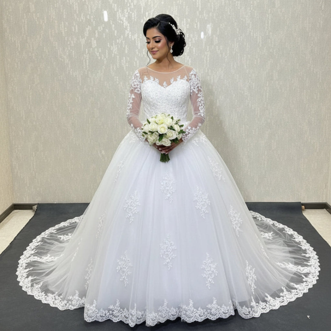 Church wedding gown with beaded lace train GLGT009T for Christian & Catholic brides across Kerala, Goa, Mangalore, Tamil Nadu & North-East India, plus NRI brides in USA, UK & Gulf