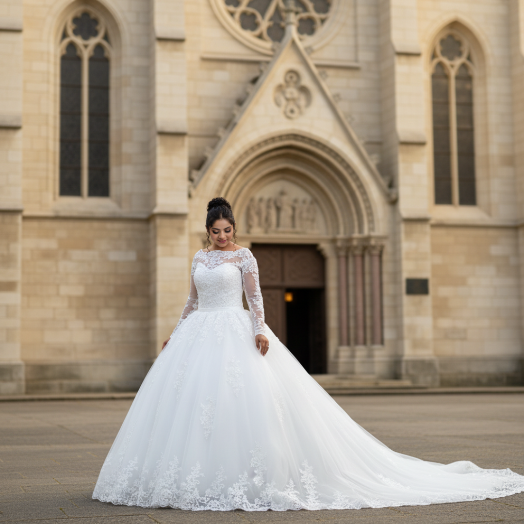 Long sleeve Christian bridal gown designed for church weddings by GownLink