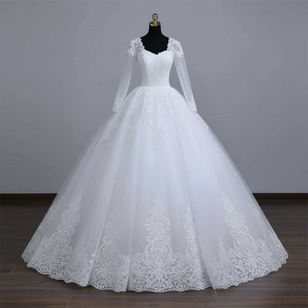Front view of White Ball Gown on model against studio backdrop — GownLink GLGB141