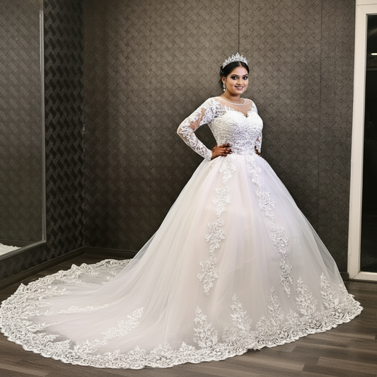 White wedding train gown GLGT042T for Christian & Catholic brides across Kerala, Goa, Mangalore, Tamil Nadu & North-East India, plus NRI brides in USA, UK & Gulf