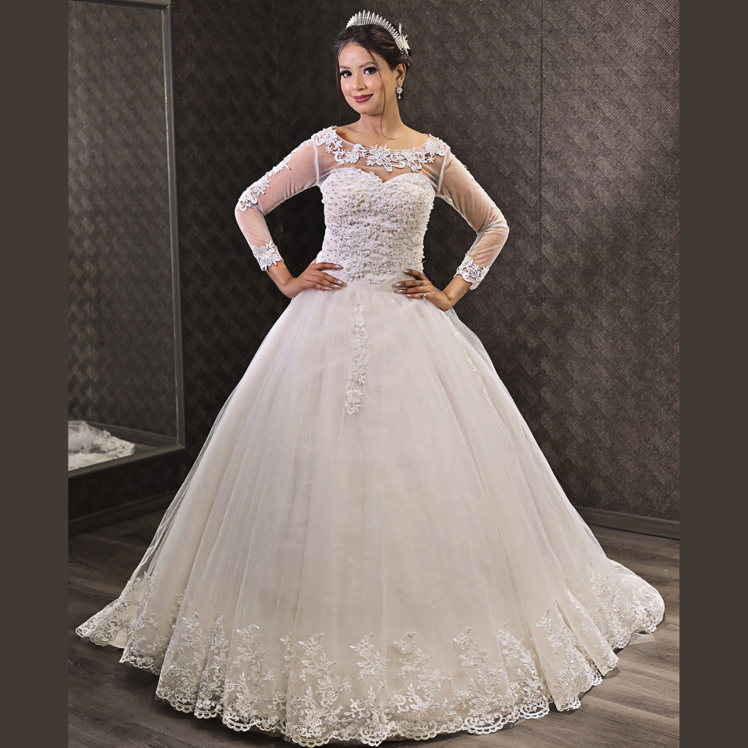 Front view of White Bridal Gown with Train on model against studio backdrop — GownLink GLGF042T