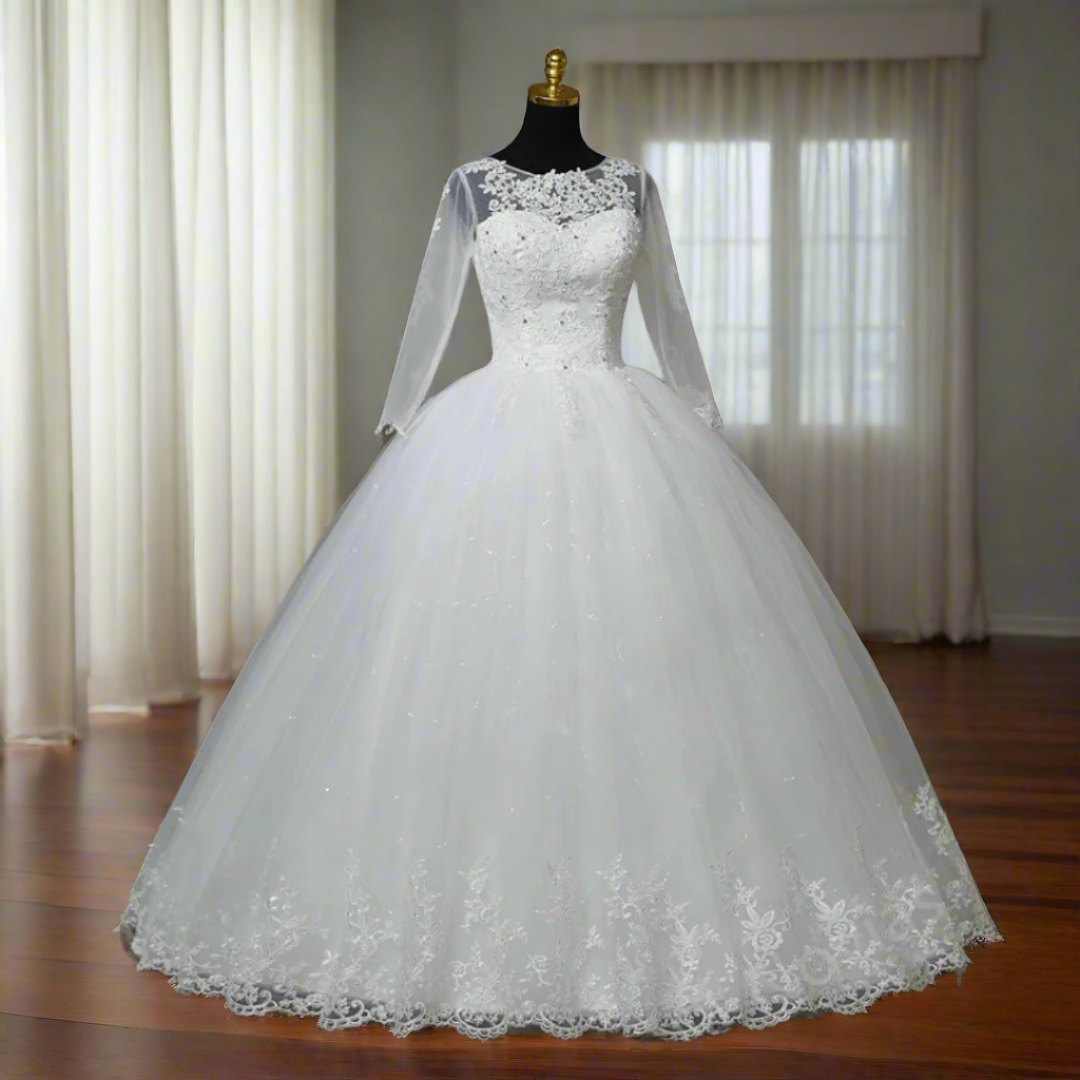 Front view of White Ball Gown on model against studio backdrop — GownLink GLHSD189CB