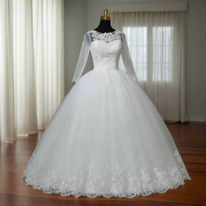 Front view of White Ball Gown on model against studio backdrop — GownLink GLHSD189CB