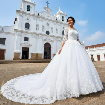 Bridal train dress GLD30-T for Christian & Catholic brides across Kerala, Goa, Mangalore, Tamil Nadu & North-East India, plus NRI brides in USA, UK & Gulf
