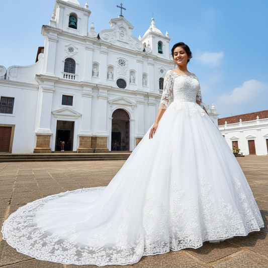 Bridal train dress GLD30-T for Christian & Catholic brides across Kerala, Goa, Mangalore, Tamil Nadu & North-East India, plus NRI brides in USA, UK & Gulf