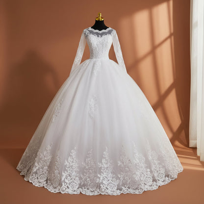 Front view of White Ball Gown on model against studio backdrop — GownLink GLGB150