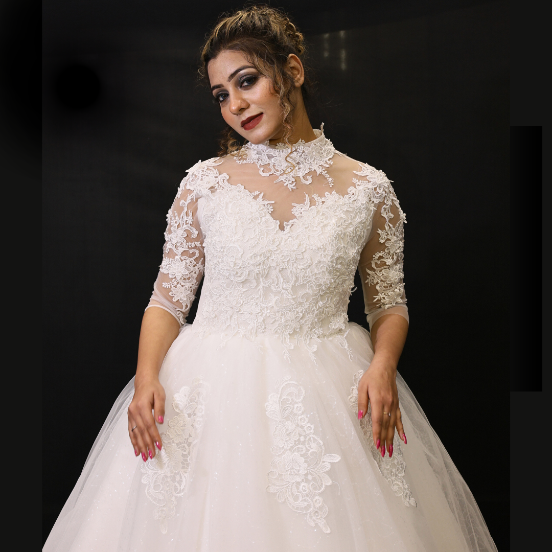Side profile view of White Bridal Gown with High Neck showing silhouette — GownLink GLD68B