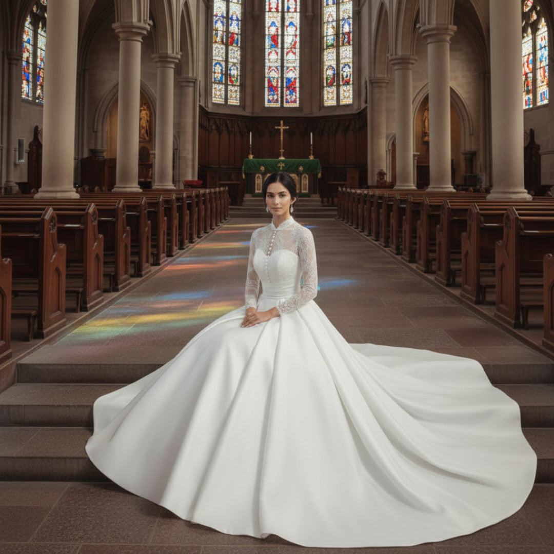 Close-up of lace and fabric detail on White Bridal Gown Satin with — GownLink GLHSD500T