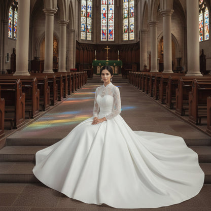 Close-up of lace and fabric detail on White Bridal Gown Satin with — GownLink GLHSD500T
