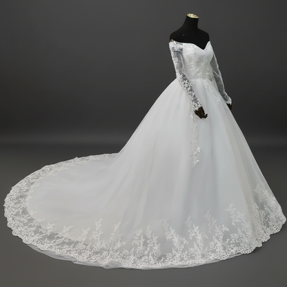 Close-up of lace and fabric detail on White Princess with Off-Shoulder — GownLink GLGF071SL
