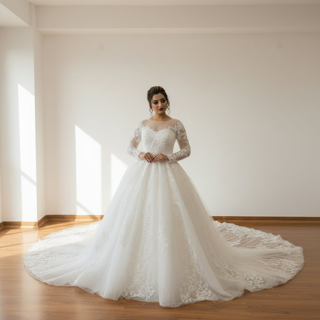 Front view of White Bridal Gown with Train on model against studio backdrop — GownLink GLGT028