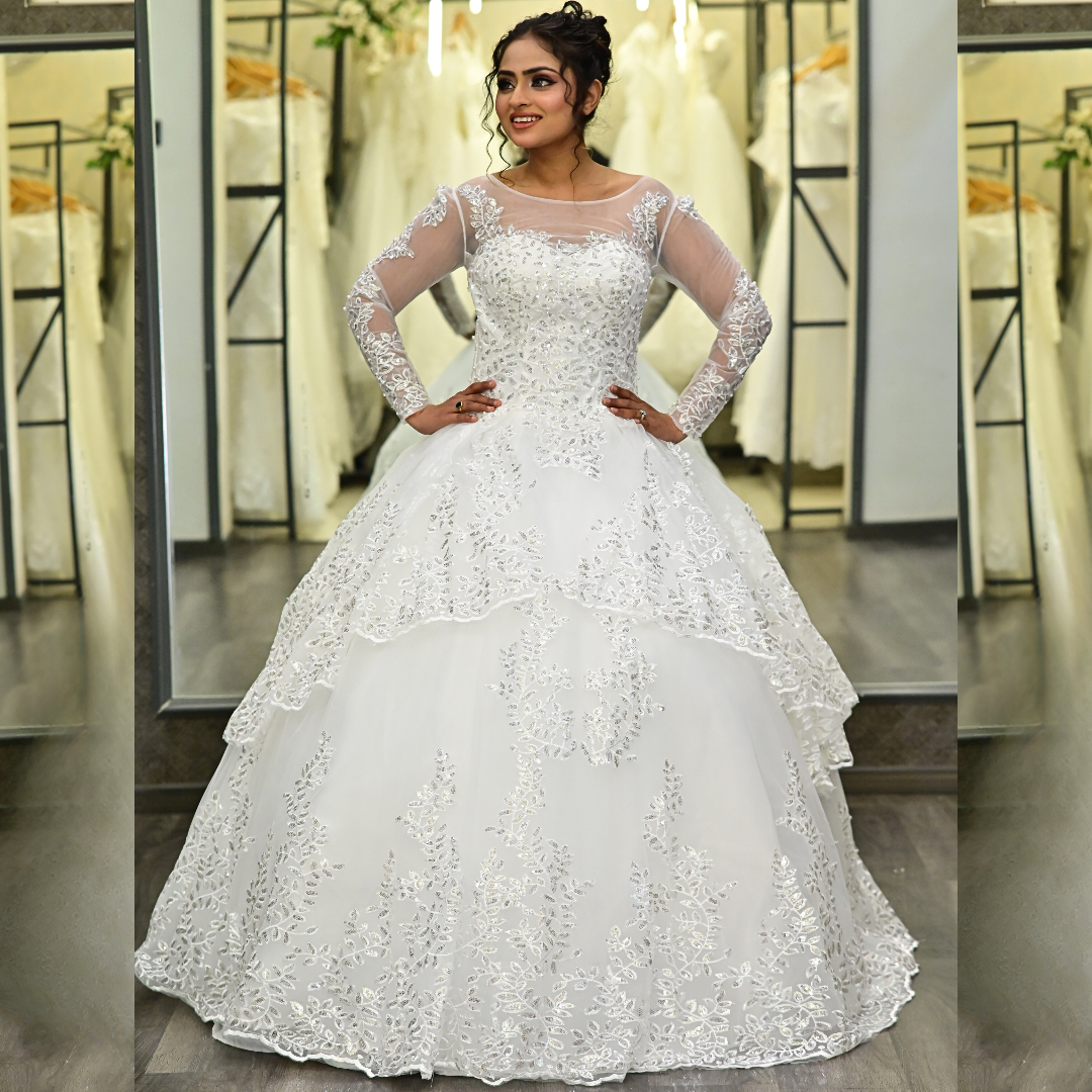 Beaded lace bridal ball gown GLGT179B for Christian & Catholic brides across Kerala, Goa, Mangalore, Tamil Nadu & North-East India, plus NRI brides in USA, UK & Gulf