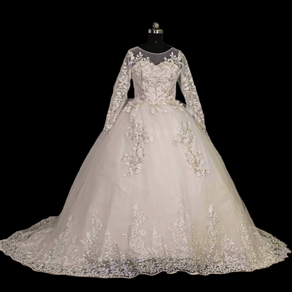 Church bridal train gown with lace GLGF038T for Christian & Catholic brides across Kerala, Goa, Mangalore, Tamil Nadu & North-East India, plus NRI brides in USA, UK & Gulf