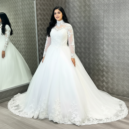 Back view of White Bridal Gown with High Neck showing train and closure detail — GownLink GLW20T