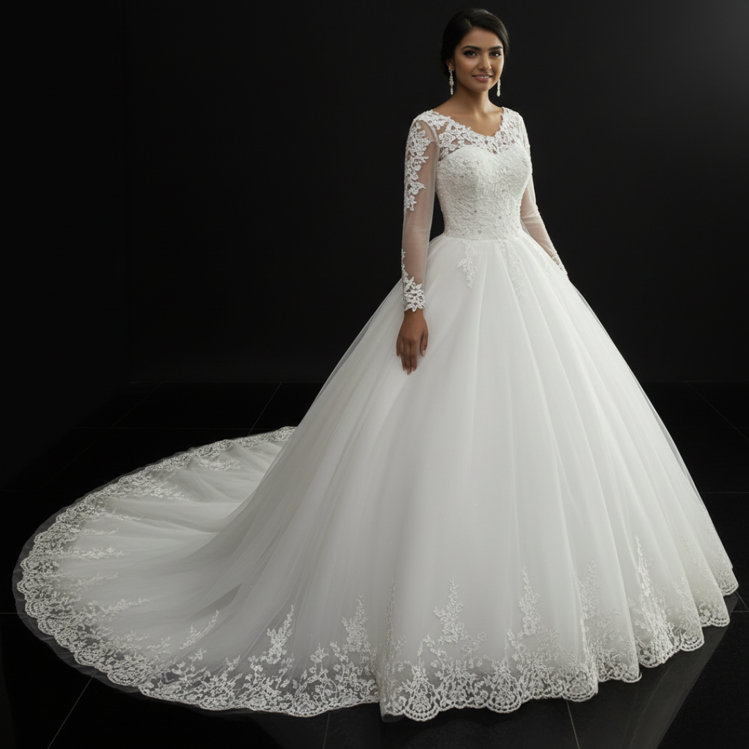Back view of White Bridal Gown with Long Train showing train and closure detail — GownLink GLHSD189T