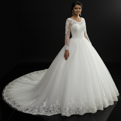 Back view of White Bridal Gown with Long Train showing train and closure detail — GownLink GLHSD189T