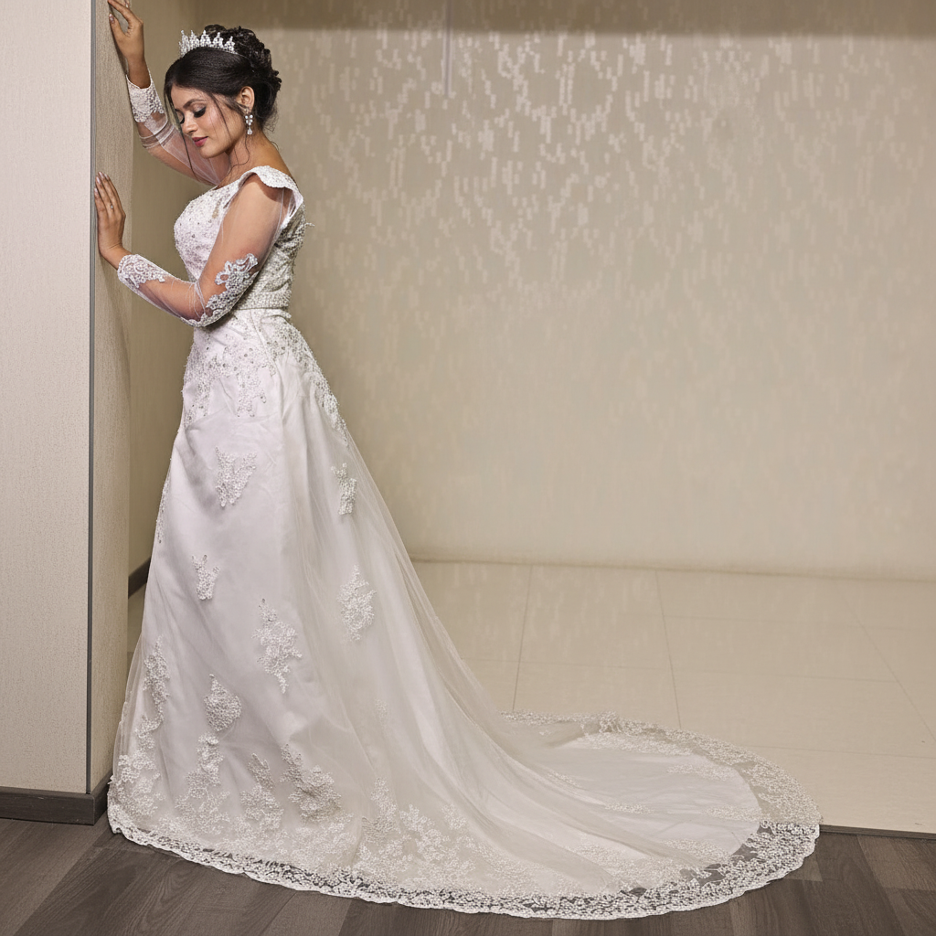 Front view of White A-Line with Sleeve Detail on model against studio backdrop — GownLink GLGT4
