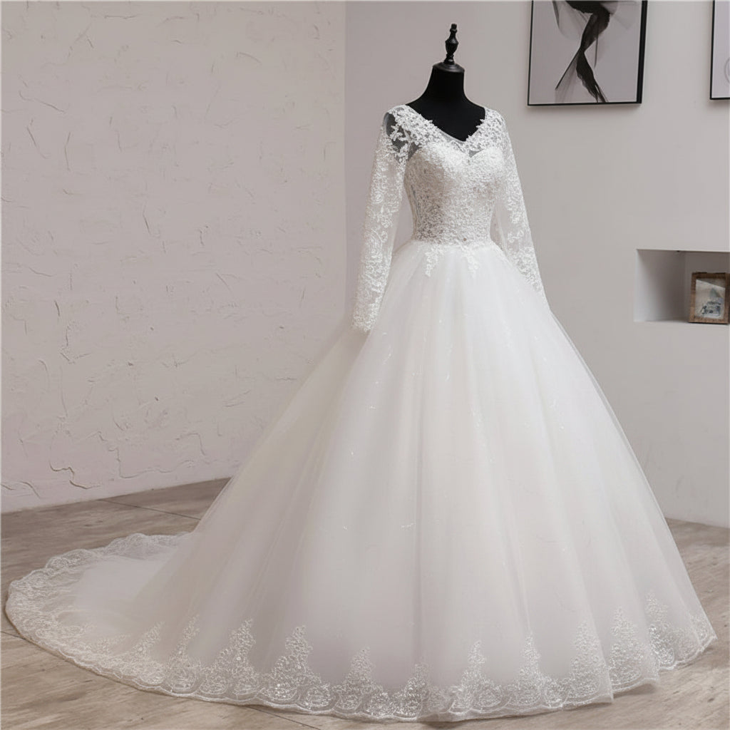 Sequin lace princess train gown GLHSD189CST for Christian & Catholic brides across Kerala, Goa, Mangalore, Tamil Nadu & North-East India, plus NRI brides in USA, UK & Gulf