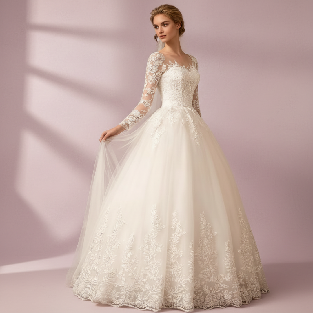 Front view of White A-Line with Sleeve Detail on model against studio backdrop — GownLink GLTD51B
