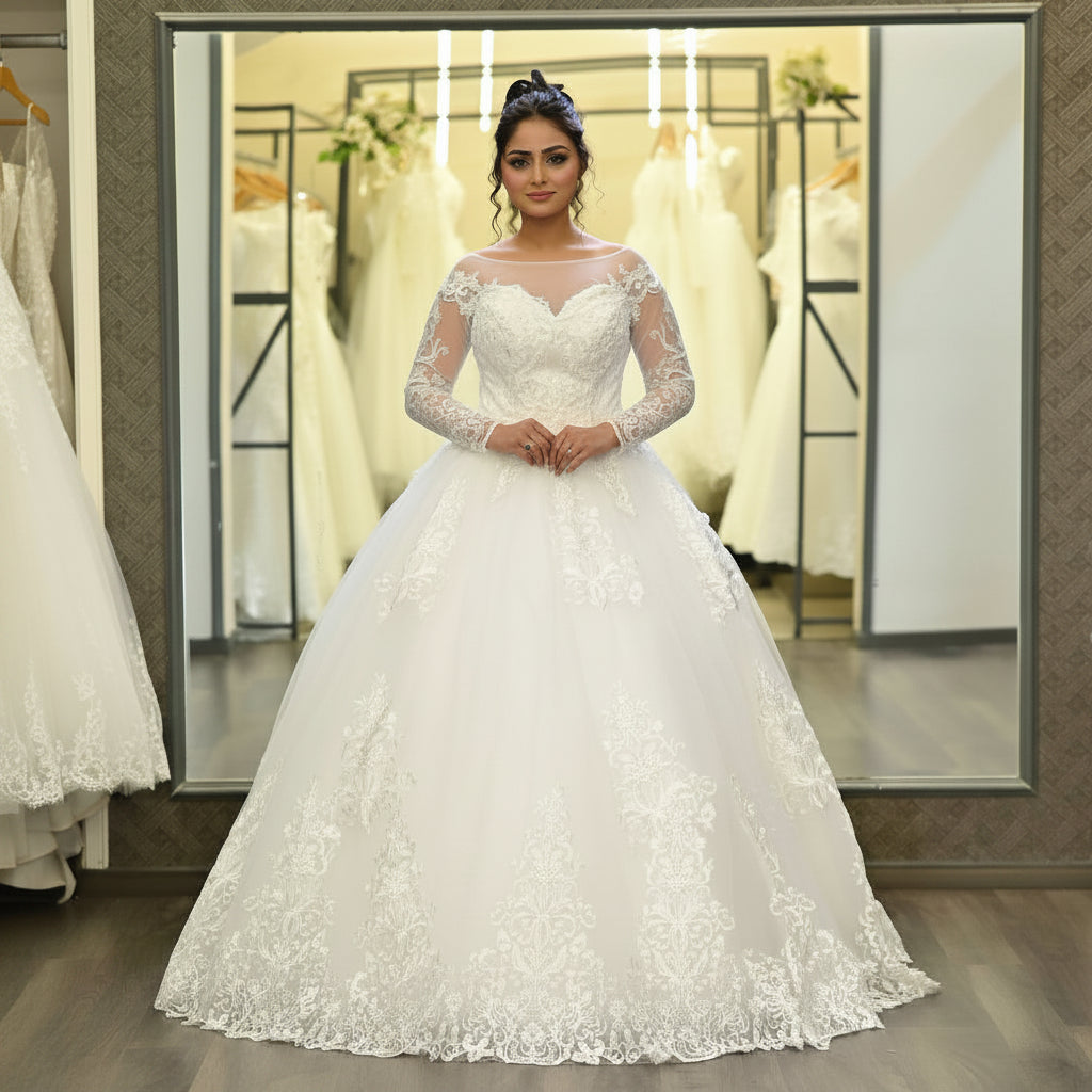 Long sleeve lace wedding dress for Christian brides with timeless princess styling