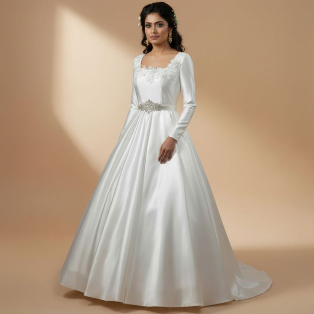 Front view of White Ball Gown Satin on model against studio backdrop — GownLink GLHMST21