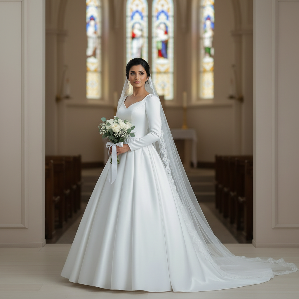 Front view of White Ball Gown Satin on model against studio backdrop — GownLink GLHMSB3
