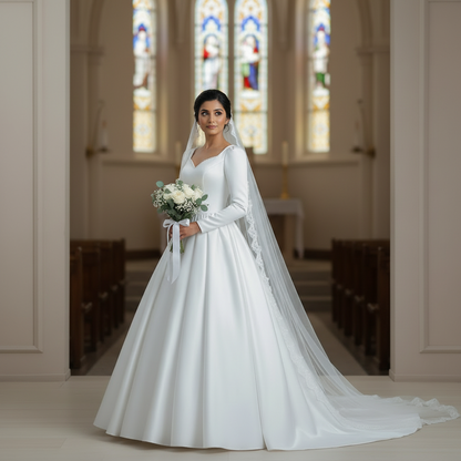 Front view of White Ball Gown Satin on model against studio backdrop — GownLink GLHMSB3